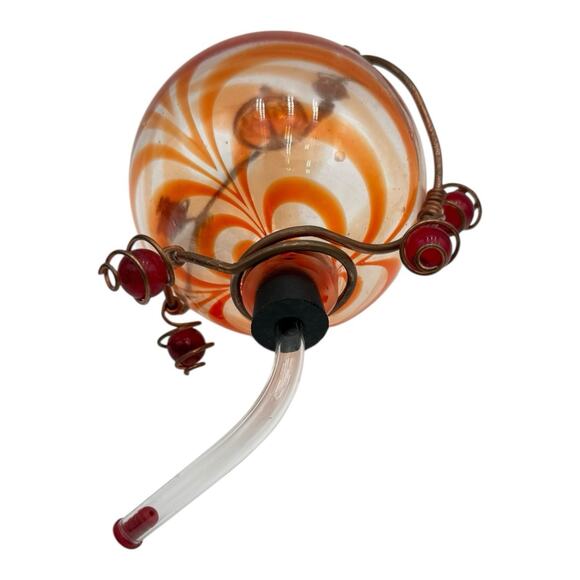Orange Swirl Blown Glass Copper Hanger Hummingbird Feeder Runner Stopper EUC - Picture 3 of 5
